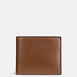 💵 Men's Coach Compact ID Wallet Saddle Tan Brown Sport Calf Leather NWOT